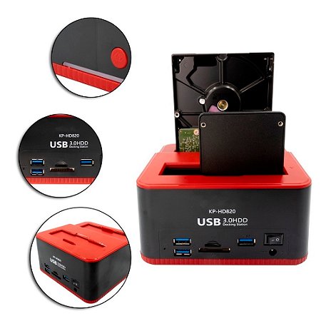 Dockstation Vertical Para HDD de 2.5" e 3.5", Com Entrada Para USB e Cartão de Memoria - KP-HD820