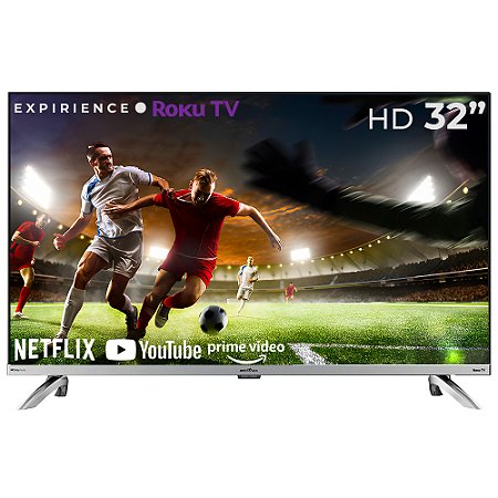 Smart TV LED 32” HD Britânia BTV32G7PR2CSGBL Dolby Audio, Wi-Fi, Entradas HDMI e USB, Roku TV