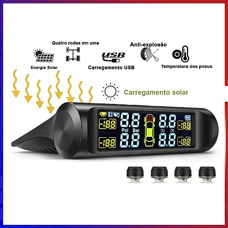 Sistema de Monitoramento de Pressão de Pneus TPMS, Com Carregamento Solar - Preto