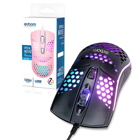 Mouse Gamer Colmeia USB, 1.600 DPI, LED RGB Multicores, Ultra Leve, Preto, Exbom - MS-C32