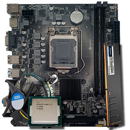 Kit Placa Mãe H110, Com Cooler 1151, Processador i3 6100, Memória RAM 8GB DDR4