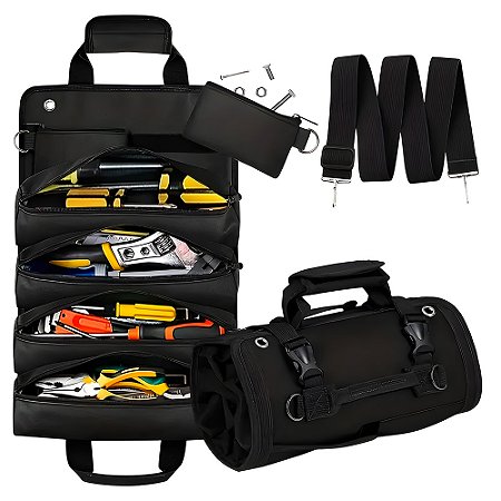 Bolsa de Ferramentas Dobravél, Com Alça Resistente, 5 Bolsos, Super Durável, Drill Bag, Preto