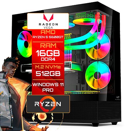Computador Gamer Ryzen 5 5600GT, Vega 7, RAM 16GB DDR4, SSD M.2 NVMe 512GB, Windows 11 Pro, Gabinete Aquarius