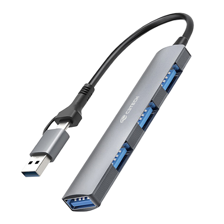 HUB USB 3.0, Com 4 Portas USB, HU-C500GY, C3Tech, Cabo 15cm, Cinza