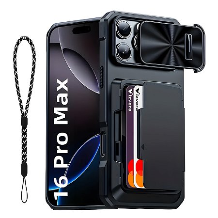Capa Resistente Para iPhone 16 Pro Max, Com Porta Cartões, Slider Proteção Câmera, Preto