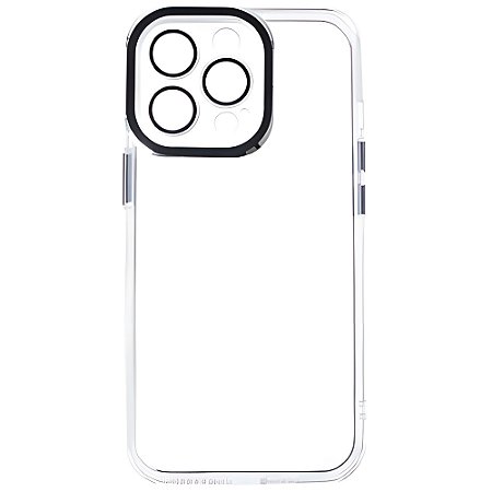 Capa Para iPhone 15 Pro Max, Transparente, Acabamento em Acrílico, Com Proteção de Câmera, Detalhes em Preto, BGM