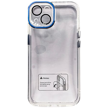 Capa Para iPhone 14, Transparente, Com Proteção de Câmera, Acabamento em Acrílico, Detalhes em Azul, BGM
