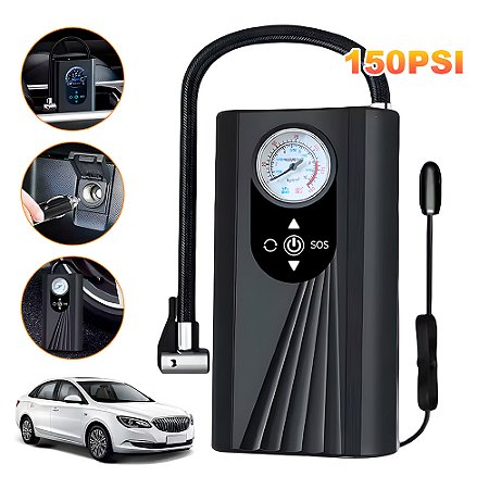 Mini Compressor de Ar, Automotivo, Portátil, Para Moto, Bicicleta, Carro, 150PSI, 4.7V, Preto