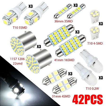 Pacote Com 42 Peças Lâmpadas LED Brancas, Para Interior de Carro, 6000K, 12V
