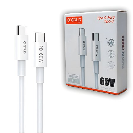 Cabo USB-C Para USB-C, Carga e Dados, 1 Metro de Comprimento, 60W, 9V, 3A, A'Gold, CB-51