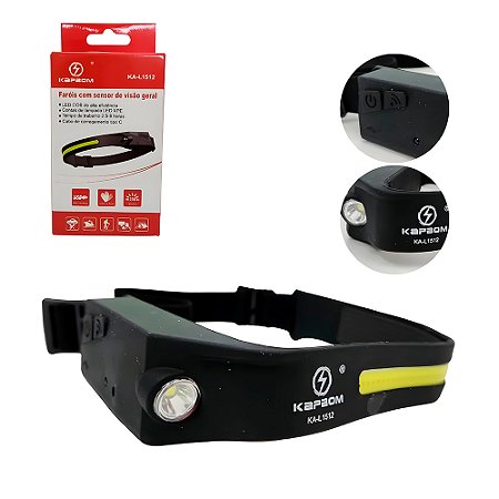 Lanterna LED COB, Para Cabeça, Com Fita Ajustável, Recarregável, KAPBOM, KA-L1512