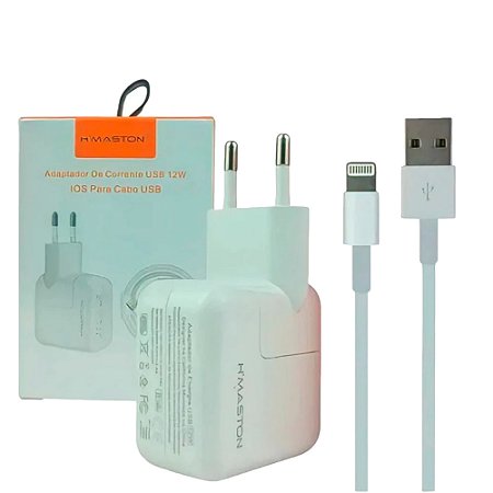 Fonte Carregador 12W, Saída USB, Com Cabo USB Para Lightning, H'Maston, CB02, Branco