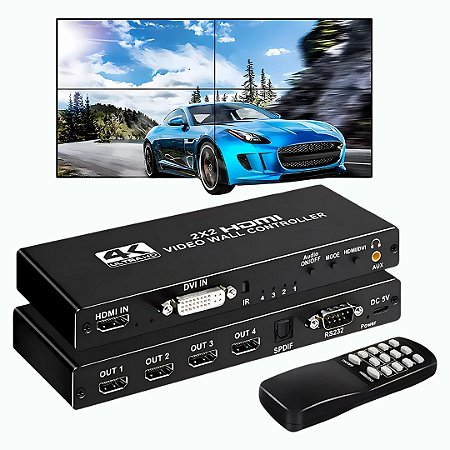 Controlador Vídeo Wall 2x2, Até 4K Full HD, HDMI, Divide 1 Imagem em 4 Telas, Fácil Instalação - Preto