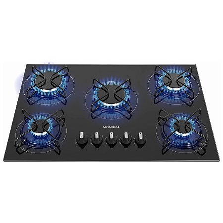 Cooktop 5 Bocas a Gás GLP Mondial CTG-02, Vidro Temperado Preto, Acendimento Automático, Bivolt