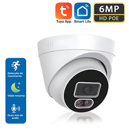 Câmera de Segurança Dome, IP PoE, 6MP, Aúdio Bidirecional, Visão Noturna e Detector de Movimento, Smart Life e Tuya APP