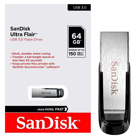 Pen Drive SanDisk Z73 Ultra Flair 64GB USB 3.0, Preto Metálico, 150Mb/s, Compatível USB 2.0 - SDCZ73-064G-G46