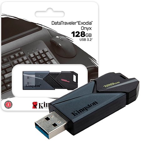 Pen Drive Kingston DataTraveler Exodia Onyx 128GB USB 3.2 Gen1, Preto Fosco, Tampa Deslizante - DTXON/128GB