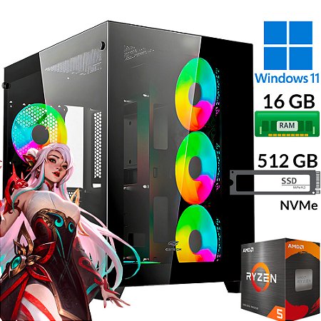 Computador Gamer Ryzen 5 5600GT, Vega 7, RAM 16GB DDR4, SSD M.2 NVMe 512GB, Windows 11 Pro, Gabinete Aquario