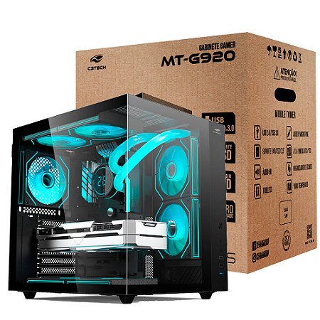 Gabinete Gamer Aquário C3Tech MT-G920BK, Mid Tower, Vidro Temperado, Suporte Water Cooler, Sem Fonte, Preto - Aquarius
