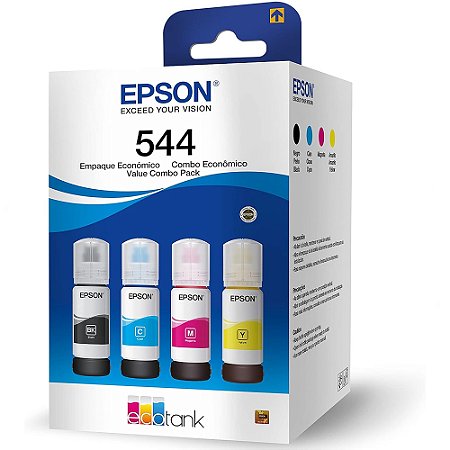 Kit Refil de Tinta 4 Cores Epson 544 - Preto, Amarelo, Ciano e Magenta, Para L1110/L1210/L3110/L3150 (Caixa Com 4 Cores)