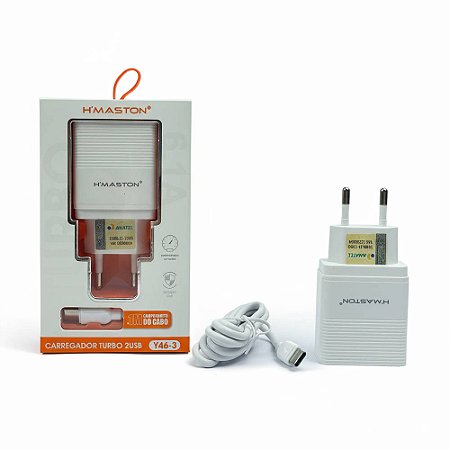 Carregador Turbo H'Maston Y46-3, com 2 Portas USB, Saída 6.1A, 5V, Bivolt 100-240V, com Cabo Tipo-C, Branco