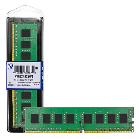 Memória RAM Desktop Kingston 8GB DDR4 3200MHz, PC4-25600, CL22 1.2V, UDIMM, 288-Pin, KVR32N22S6/8