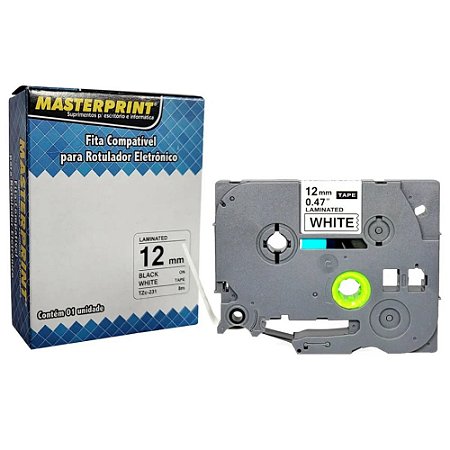 Fita Rotuladora Compatível Brother TZe-231 TZc231, 12mm x 8m, Laminada, Preto/Branco, PTD200 PT1090 PT2730, Masterprint