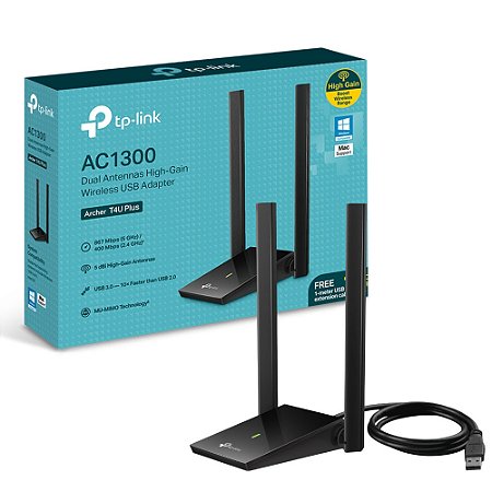 Adaptador USB Wi-Fi TP-Link Archer T4U Plus AC1300, Dual Band 2.4/5GHz, Antenas High-Gain, USB 3.0