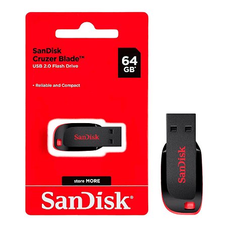 Pendrive SanDisk Cruzer Blade 64GB USB 2.0 Plug & Play Preto Vermelho c/ SecureAccess FAT32 SDCZ50-064G-B35