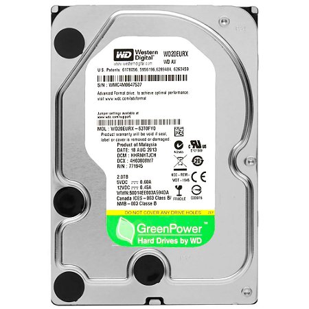 HD Interno Western Digital WD20EURX 2TB AV-GP, 3,5”, SATA III 6Gb/s, 64MB Cache, IntelliPower, 5400/7200 RPM