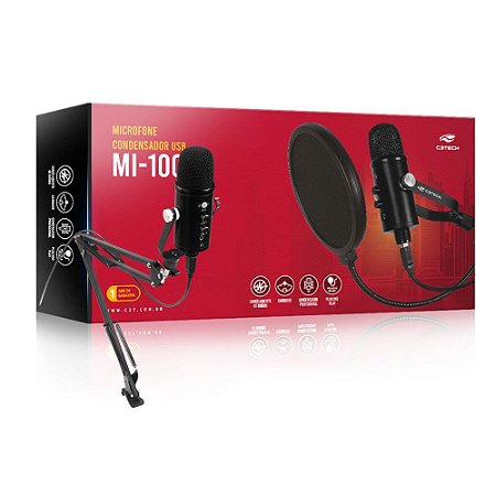Microfone Streaming USB MI-100BK C3Tech, Condensador Cardioide para Streaming e Podcast, com Braço e Pop Filter