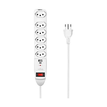 Filtro de Linha Elgin 6 Tomadas + USB-A e USB-C, Cabo 1.5m, 46RFL3060USB, Branco