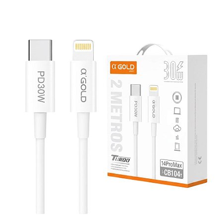 Cabo Lightning 2 Metros Turbo α'GOLD CB-104 | USB-C para iPhone 30W – Carregamento Ultrarrápido