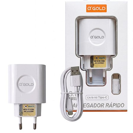 Carregador Rápido 5V Bivolt 2 Entradas USB com Cabo USB-C Universal A'Gold CA18-10, Branco