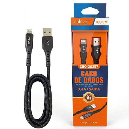 Cabo De Dados e Carregamento Turbo Para iPhone, USB Para Lightning 3.4A Saída, 1 Metro, Inova Prime