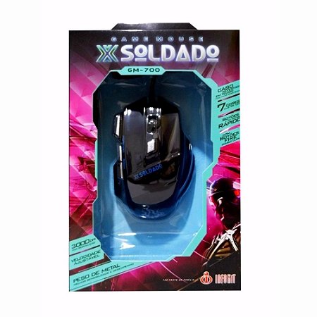 Mouse Gamer Soldado 3000dpi USB Gm-700 Preto 7 Cores Luz De Led Metal
