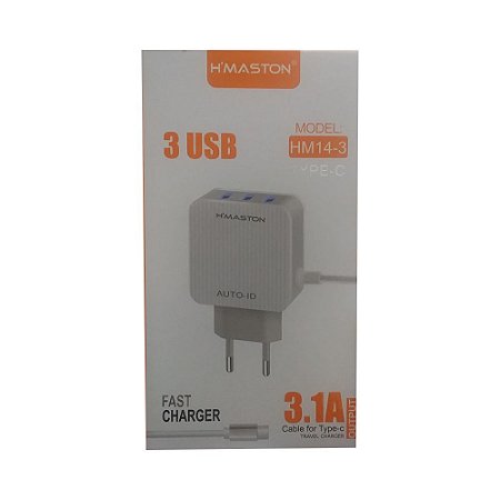 Carregador H'maston Tipo-C Três Usb Charger 3.1A HM14-3