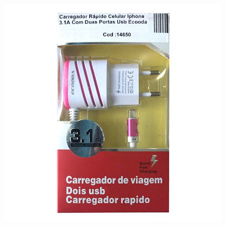 Carregador Rápido Celular Iphone 3.1A Com Duas Portas Usb Ecooda EC5235-5G