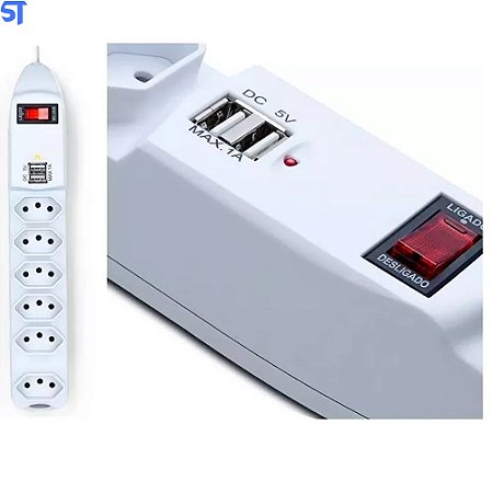 Filtro De Linha Protetor Eletrônico 6 Tomadas 1,5 Metro Fusível 2 Usb Para Celular Knup SL7906