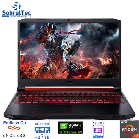 Notebook Gamer Acer Nitro 5 AMD R7-3750H, 8GB, 1TB, SSD 128GB, GeForce GTX 1650 4GB, Endless OS, 15.6´, Preto/Vermelho