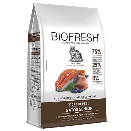 Ração Biofresh Gatos Sênior Sabor Peixe Branco, Salmão, Chá Verde, Cúrcuma e Blueberry 1,5kg