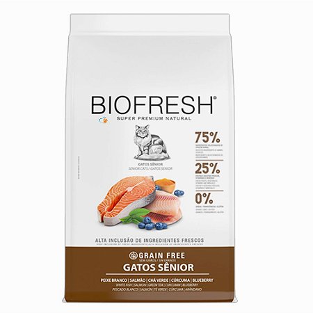 Ração Biofresh Gatos Senior Sabor Peixe Branco, Salmão, Chá Verde, Cúrcuma e Blueberry 1,5kg