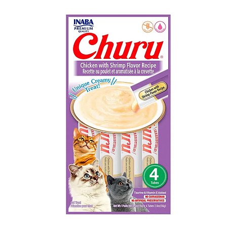 Snack Churu Purê Sabor Galinha e Camarão para Gatos 56g Com 4 Tubos