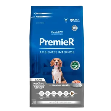 Ração Premier Ambientes Internos Light Cães Adultos Raças Pequenas Sabor Frango e Salmão 12kg - PremierPet