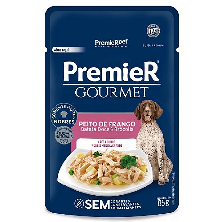 Ração Úmida Premier Gourmet Cães Adultos Porte Médios e Grandes Sabor Peito de Frango, Batata Doce e Brócolis 85g