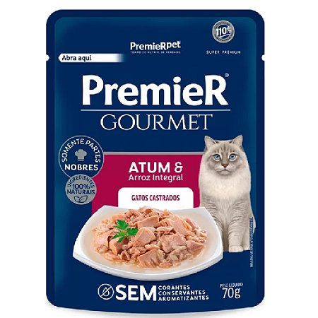 Ração Úmida Premier Gourmet Gatos Castrados Sabor Atum e Arroz Integral 70g