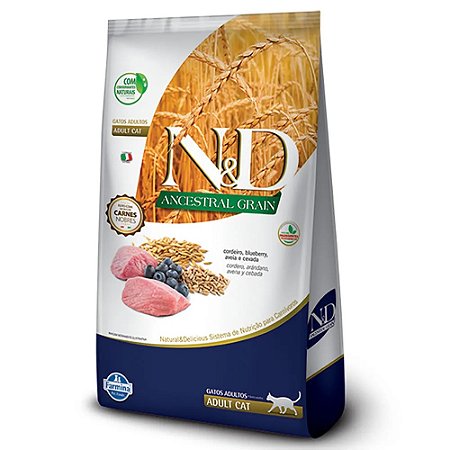 Ração Farmina N&D Ancestral Grain Gatos Adultos Sabor Cordeiro, Blueberry, Aveia e Cevada