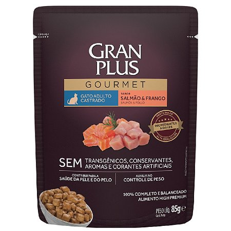 Ração Úmida GranPlus Gourmet Gatos Castrados Sabor Salmão e Frango 85g