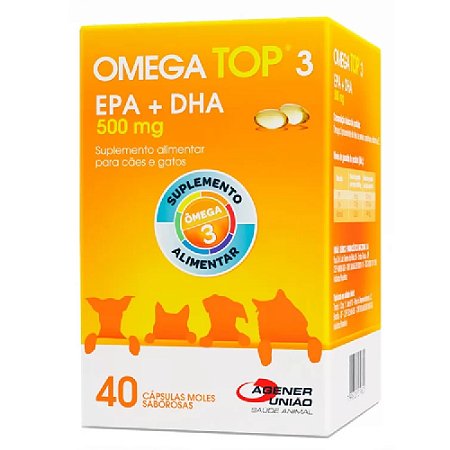 Ômega Top 3 Suplemento 500mg para Cães e Gatos 40 Cápsulas Agener União