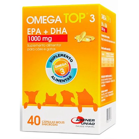 Ômega Top 3 Suplemento 1000mg para Cães e Gatos 40 Cápsulas Agener União